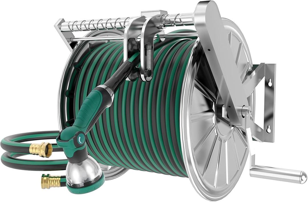 Stainless Steel Garden Hose Reel with 5/8" x 100 ft Water Hose, Wall Mount Hose Reels for Outside, 10-Pattern Spray Nozzle, with 5 ft Inlet Hoses and Crank Handle