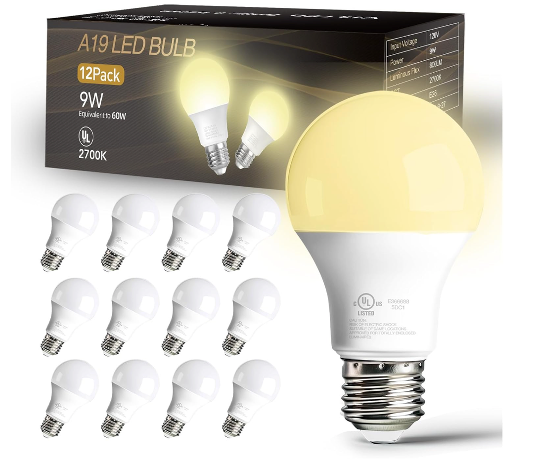 dalattin 12 Pack A19 LED Bulbs,9W Equivalent 60 Watts,E26 Base,Soft White 2700K, 800 LM, Non-Dimmable, Efficient Energy Saving Lights for Living Room,Office,80+ CRI,120V, UL Listed