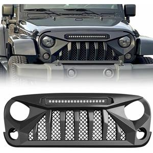 Front Grille with Offroad Lights Compatible with 2007-2018 Jeep Wrangler Rubicon Sahara Sport JK JKU, Matte Black