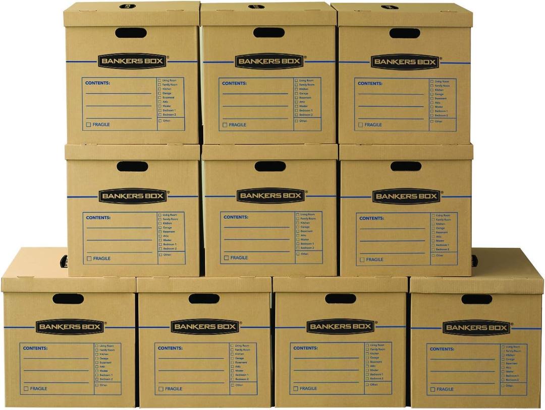 Bankers Box Large Classic Moving Box 10 Pack, Reinforced Handles, Tape-Free Assembly, Box with Lid, 21-in x 17-in x 17-in (7718202)