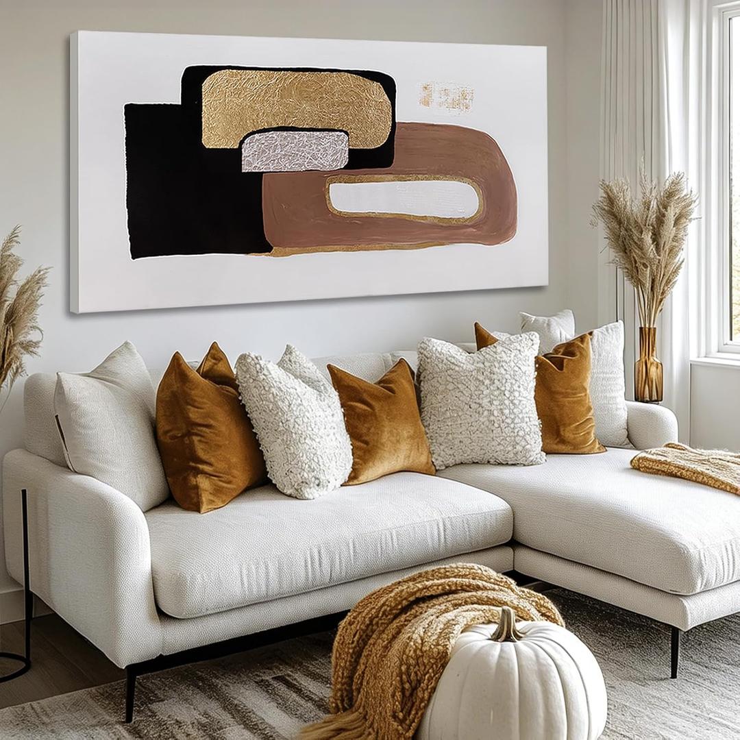 NBAODAN Minimalist Room Decor Black Brown and White Wall Art Modern Abstract Wall Decor Gold Foil Painting on Canvas Artwork for Living Room Bedroom 24x48 Inch