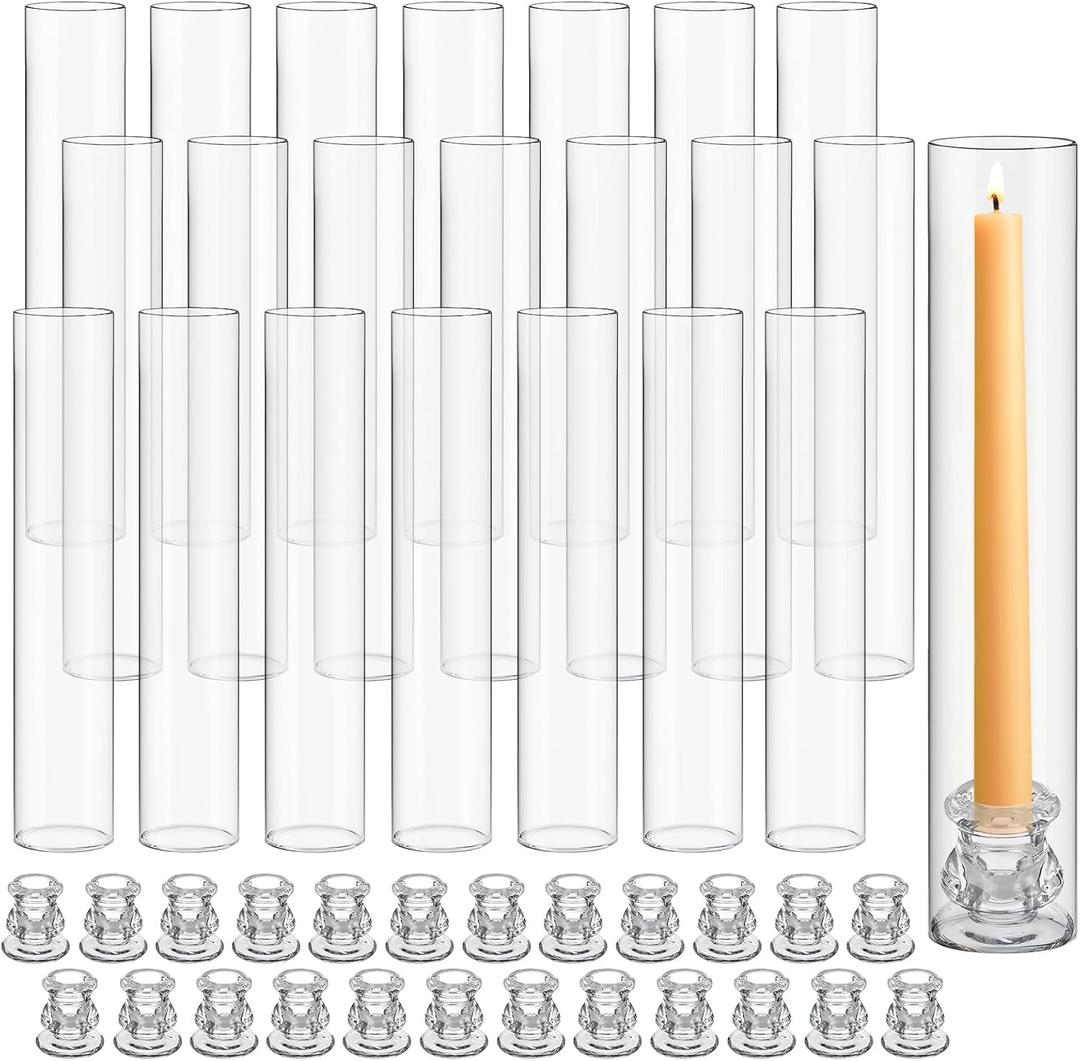 24 Set Glass Hurricane Candle Holders 12.6" Open Ended Glass Candleholder Tube Shape Bottomless and 2.2" Taper Clear Candlestick Holders for Wedding Party Table Centerpiece (Clear)