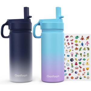 Kids Water Bottle, 2-Pack 16oz Kids Water Bottle with Stickers for School, insulated Stainless Steel Straw Cup(Gray+Blue)