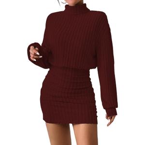 Women's Pullover Sweater Dress Long Lantern Sleeve Turtle Neck Cute Ribbed Knit Bodycon Mini Short Dress 2025 Fall (X-Large, Dark Red)
