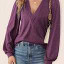 Agnes Urban Womens V Neck Long Sleeve Tops Dressy Casual Fall Shirts Puff Sleeve Loose Tunic Trendy Tops Blouses (Purple, M)