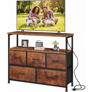 DUMOS TV Stand with 5 Fabric Drawers, Open Shelf & Charging Station, 38"D x 11.8"W x 31.5"H