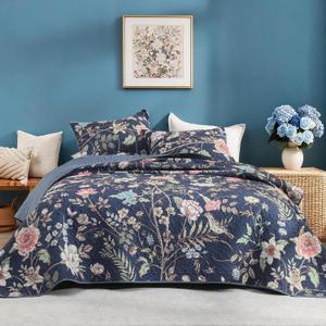 Litanika Floral Ocean Blue Quilt - 3Pcs Botanical Birds Pattren Bed, Super King