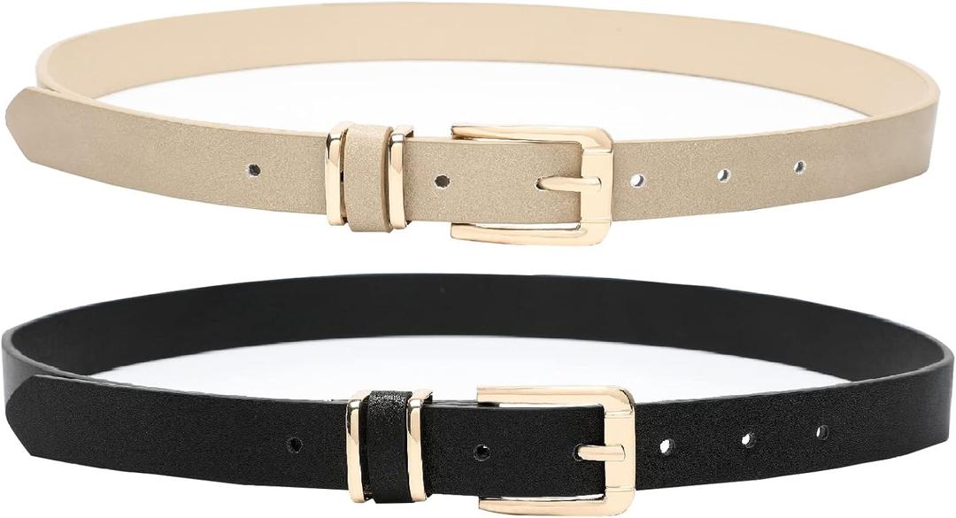 Earnda Women's Skinny Waist Belts for Jeans Dress, PU Leather Pin Buckle Thin Belt 2 Pack (Black&beige)