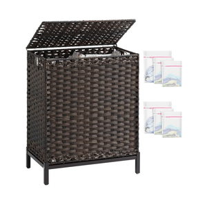 Laundry Hamper with Lid, 112 L Handwoven Rattan Wicker Laundry Basket, 2 Removable Liner Bags Metal Heightened Feet, 6 Mesh Bags, 2 Section Large Clothes Hamper for Bathroom Bedroom, Brown