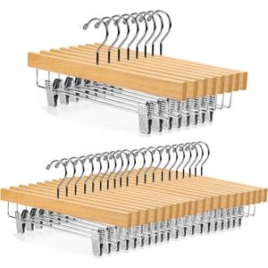 Nature Smile Deluxe Wooden Pants Hangers,Solid Lotus Wood Jeans Skirt Hanger with Clips Anti-Rust Hook Pack of 28（Natural）