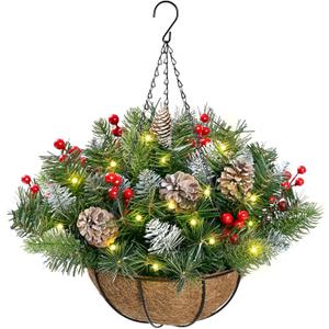 Waipfaru Outdoor Christmas Porch Decorations, Christmas Hanging Baskets with Lights for Outdoors, Artificial Xmas Greenery for Front Porch Patio Outside Urn Fillers Winter Decor