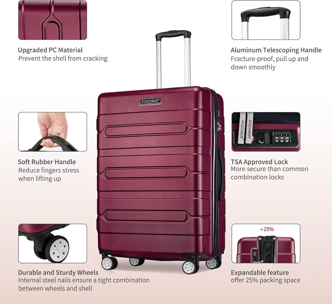 FOCHIER F Hardside 1 Piece Expandable Luggage with TSA Lock, Hard Shell Rolling Suitcase Set with Spinner Wheels for Women Man, 26 Inch Travel Luggage, Burgundy