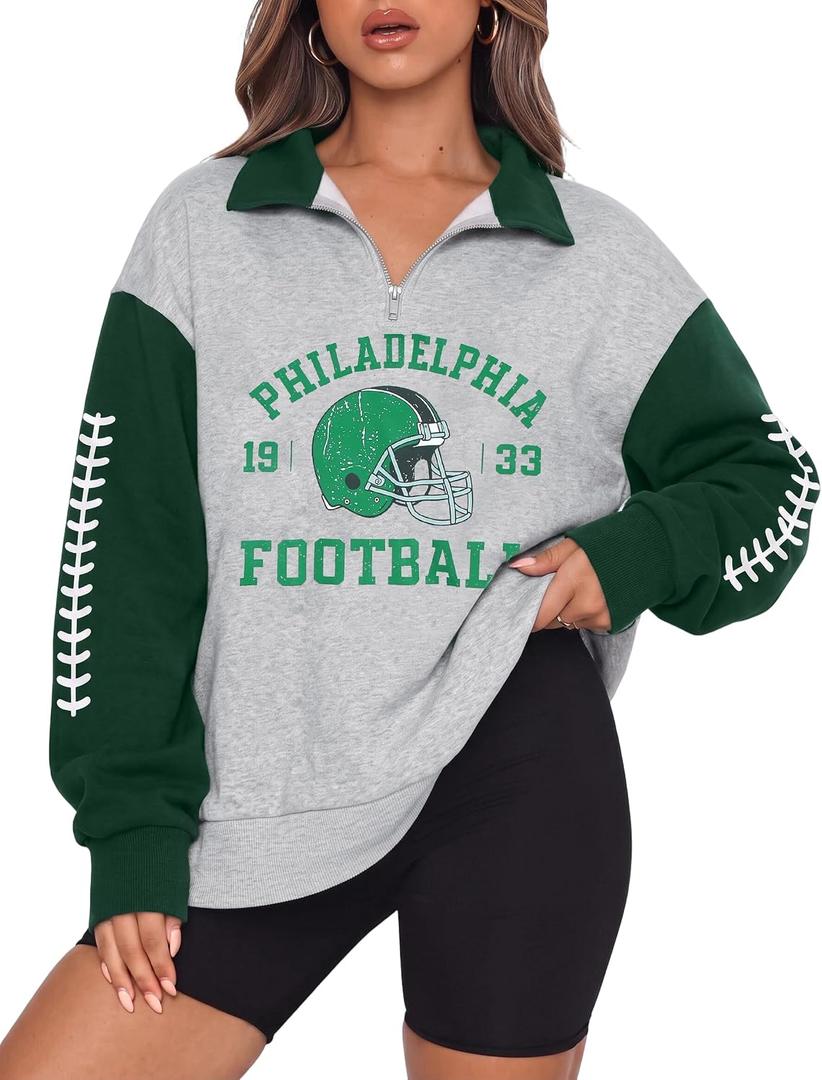 FASHGL Football Sweatshirts Women Game Day Sweatshirt Quarter Zip Pullover (Gray, L)