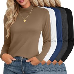 Neer 5 Pack Women's Turtleneck Long Sleeve Tops Basic Thermal Cotton Underwear Base Layer Fall Winter Shirts Multipack(Khaki, Haze Blue, Dark Gray, Black, White, Medium)