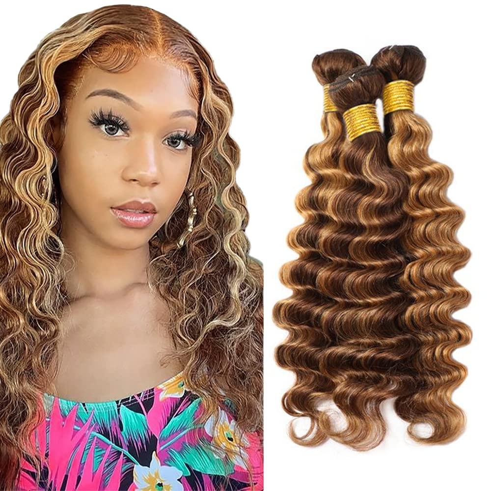 P4/27 Blonde Bundles Human Hair Deep Wave Bundles 16 16 16 Inch Unprocessed Brazilian Virgin Hair Highlight Brown Deep Wave 3 Bundle Human Hair Extensions 50 Gram Per Bundle