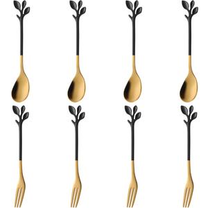 AnSaw 8-Piece Black & Gold 4.7" Leaf Handle Mini Spoons & Forks - Perfect for Coffee, Desserts, Tea, Appetizers | Elegant Stainless Steel Cutlery Set for Parties, Charcuterie Boards & Cocktails