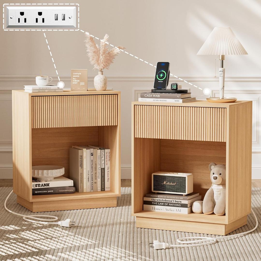Fluted Nightstands Set of 2, Night Stand with Charging Station, Modern Bed Side Table with Drawer and Storage Shelf, Wood Mid Century End Table for Bedroom Living Room (Oak), 19 Inches X 12 Inches X 24 Inches