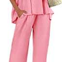 Tankaneo Womens 2 Piece Linen Sets Summer Vacation Outfits V Neck Puff Sleeve Babydoll Tops Wide Leg Pants Matching Sets (Pink, M)