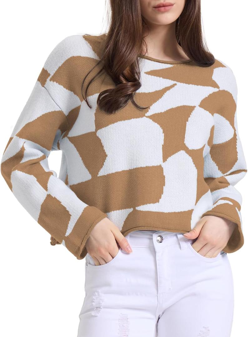 Women's Sweaters Color Block Cropped Sweater Tops Long Sleeve Loose Pullover Knit Jumper Top Checkered Fall Fashion