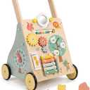GiggleGems Wooden Baby Walker, Multiple Learning Activities Center Develops Motor Skills for Infant to Toddler, Push and Pull Walkers with Wheel for Boys Girls