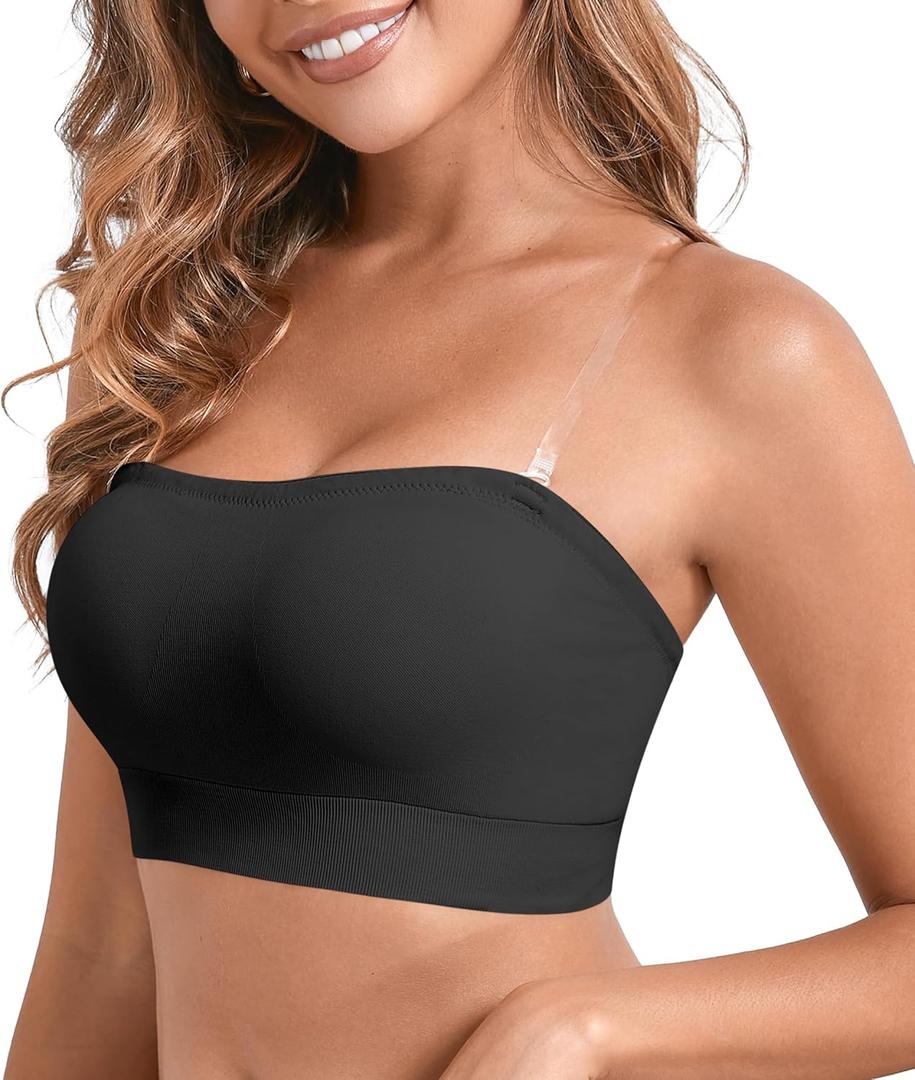 DEANGELMON Strapless Bras for Women Wireless Push Up Non-Slip Bandeau Bra Seamless Clear Straps TubeTop Padded Bralette (X-Large, Black (1pc))