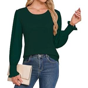 Kopinma Blouses for Women Casual Puff Long Sleeve Shirts Crew Neck Blouses Knite Textured Smocked Cuffs Tunic Top (Green, M)