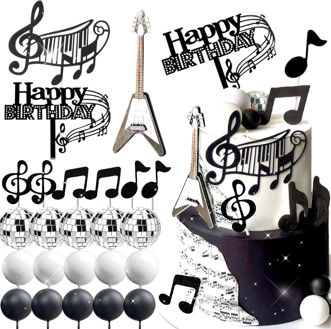 JeVenis Disco Ball Music Cake Topper Guitar Cake Toppers Music Notes Balls Cake Decorations for Musician Birthday Party Rock Theme Party