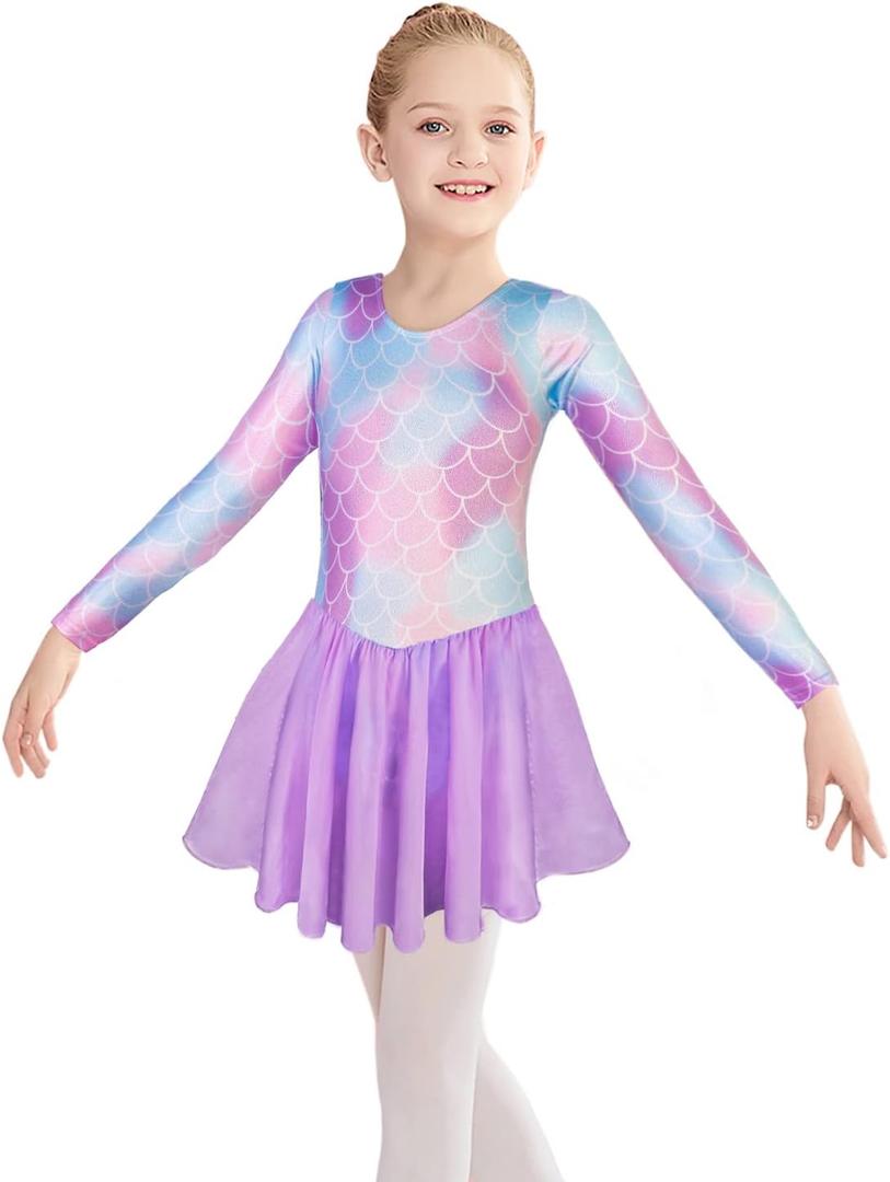 Girls Gymnastics Leotards with Skirt Ballet Tutu Dance Dress Toddler Kid Flutter Sleeve Mermaid Gymnastic Dancewear 2-11Y (4-5T, Purple)