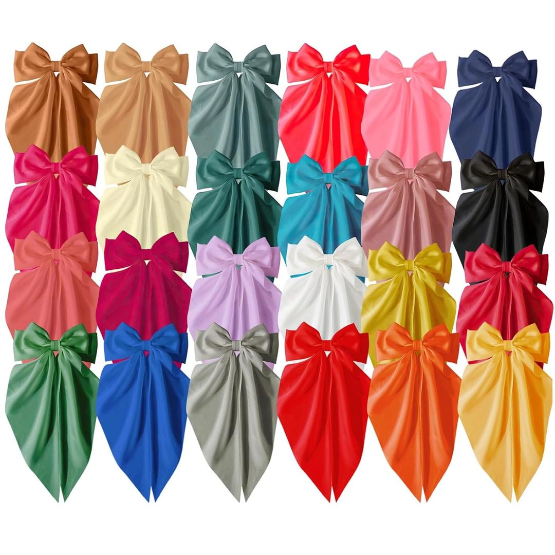 24 PCS Oversized Hair Bows Bulk - Silky Satin Big Bow Hair Clips for Womens Long Tail for Women Ribbon Bows Hair Accessories Gifts