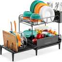 Urackify Dish Drying Rack for Kitchen Counter, Expandable 2 Tier Dish Rack, Large Capacity Dish Drainer with Drainboard Multifunctional Dish Strainer with Removable Cutlery Holder Black