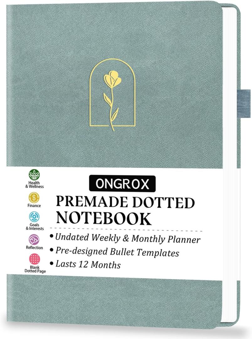 Premade Bullet Style Notebook with Undated Weekly & Monthly Planner, Dotted Journal with Pre-made Bullet Planner Stencils, Dot Grid Journaling with Habits & Mood Tracker, 12 Month Organization, A5 (Grey)