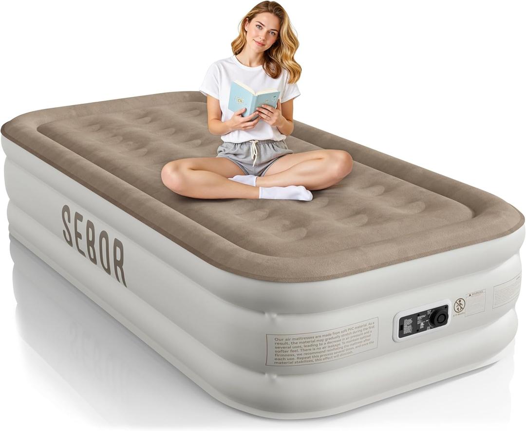 Sebor Air Mattress Twin with Built-in Pump 18", Comfortable Self-Inflating Air Mattress with High-Speed Pump, Durable Blow Up Mattress Twin with Storage Bag for Guests, Camping, Travel