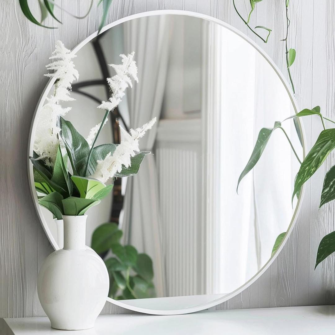 Sunniry White Round Mirror, White Circle Mirror 24 inch, Matte Metal Frame Round Mirrors, Circle Mirrors for Bathroom, Living Room, Bedroom, Hallway (24"L x 24"W)