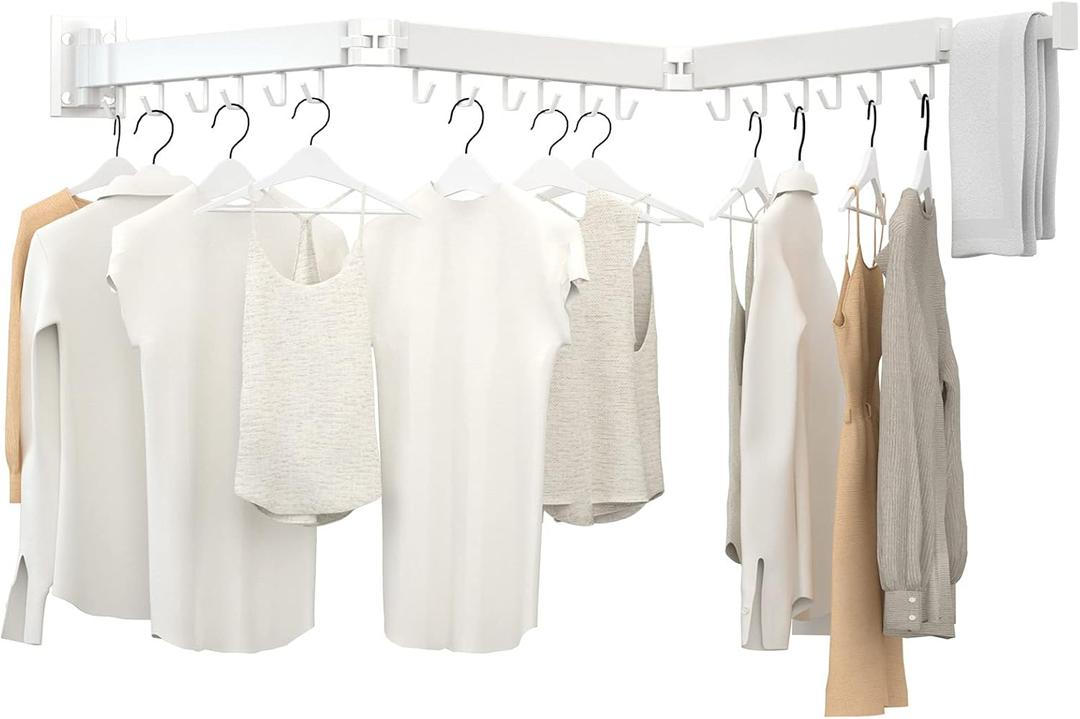 Clothes Drying Rack, Laundry Drying Rack Wall Mounted, [No-Drill & Drilling to Choose] 3-Fold Laundry Drying Racks for Hanging Clothes, Foldable & Sturdy Space Saver for Laundry Room -White