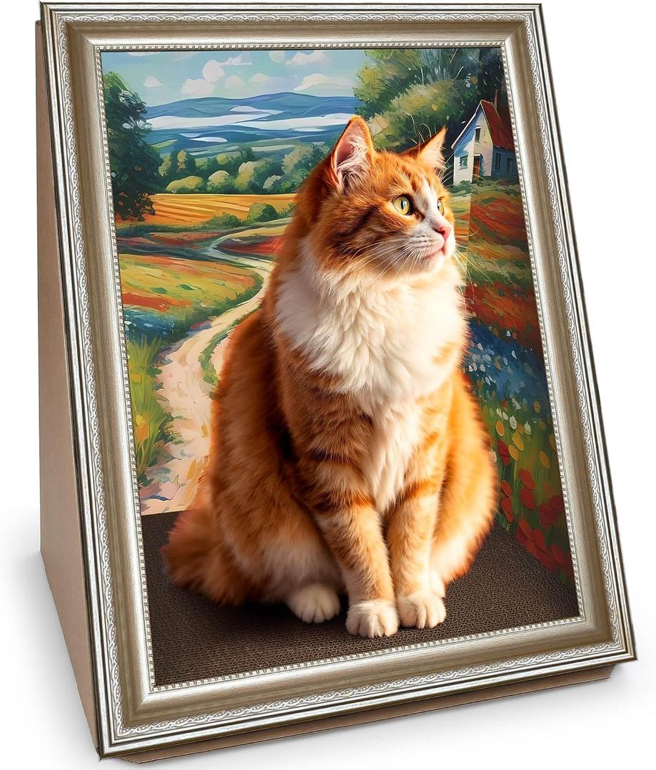 Cat Scratcher, Scratch Pad with Oil Painting, Furniture Saver Scratching Board, Cardboard Cat Scratcher House with Frame, Large Scratching Pad & Scratcher Bed, Cat Cardboard Scratcher for Indoor Cats 17.3 x 22.4 x 13in