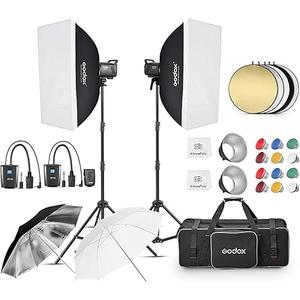 Godox 2pcs MS300V 600W Studio Strobe Flash Light Kit,2.4G Bowens Mount Lighting Flash GN58 5800K with AT-16 Trigger,Light Stands,Softboxes,Umbrella,Reflector,Carry Bag for Portrait Product Photography