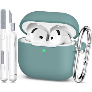 for AirPods 4th Generation Case Cover 2024, Military Grade Soft Silicone Shock-Absorbing for AirPods 4 Case with Keychain & Cleaning kit, Pine Green