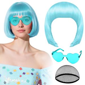 PLULON Cyan Bob Wig with Heart Sunglasses and Hair Cap, Colorful Short Bob Wigs Synthetic Party Wigs Funny Cosplay Hairpieces for Women Men Neon Bachelorette Halloween Costume Party Decorations