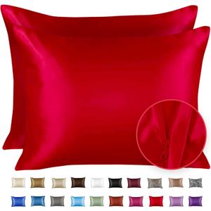 Satin Pillowcase with Zipper, for Hair and Skin Care, Feels Soft and Cool Like a Silk Pillowcase, Red Satin Pillow Cases Set of 2, Slik Pillow Cover, Queen Size - 2 Pack