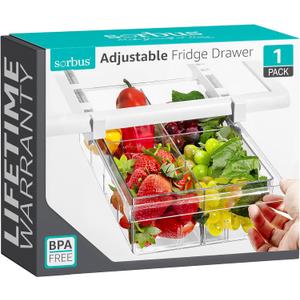 Sorbus Pull Out Fridge Drawer Organizer, for 0.6 Inch Thick Shelf, Adjustable Plastic Bathroom Organizer, 12-17 Inches, Refrigerator Storage Bin, Kitchen & Bathroom Storage (1 Pack)