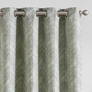 Jinchan Sage Green Printed Curtains 90 Inch Length for Living Room Grommet Jacquard Curtains with Herringbone Pattern Green and White Modern Room Darkening Drapes Bedroom Window Curtain Set 2 Panels