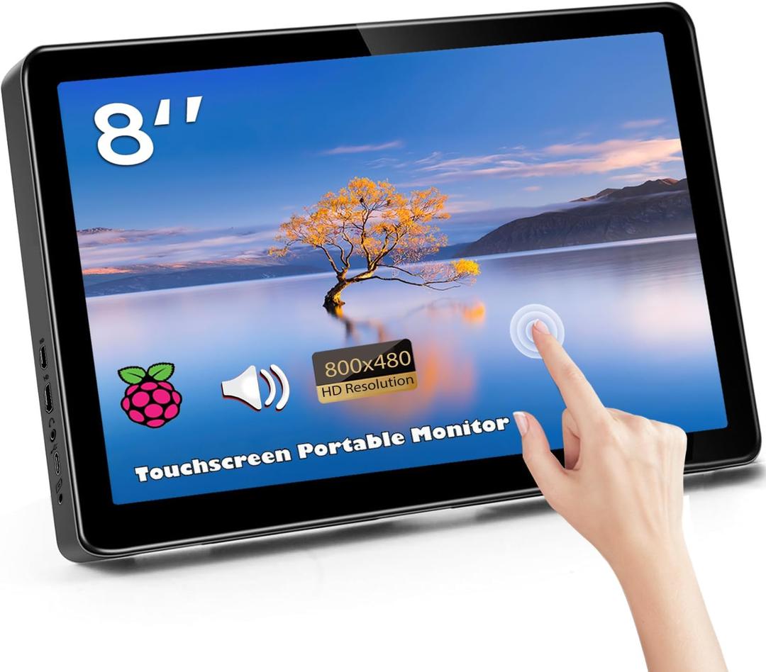 Ulrhzar 8 Inch Small Touchscreen Monitor mini PC Raspberry Pi Screen HDMI USB-C Portable Monitors IPS LCD Display 800x480 for 4/ 3/ 2/ Zero/ B/ B+ Win11/ 10/ 8/ 7
