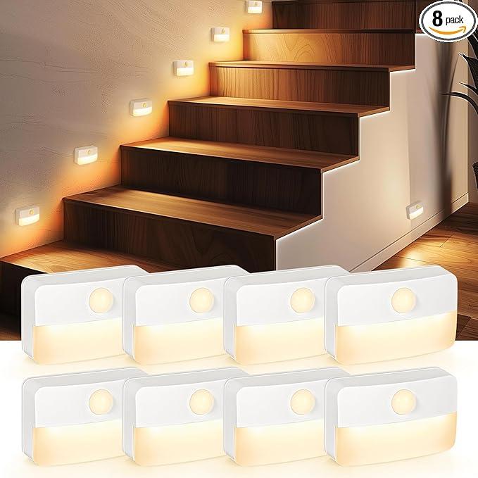 8 Pack Motion Sensor Stair Light for Indoor, Battery Operated Closet Lights, Wireless Stick on Anywhere Hallway Lamp, Portable Led Night Lamps for Bedroom Under Cabinet Kitchen