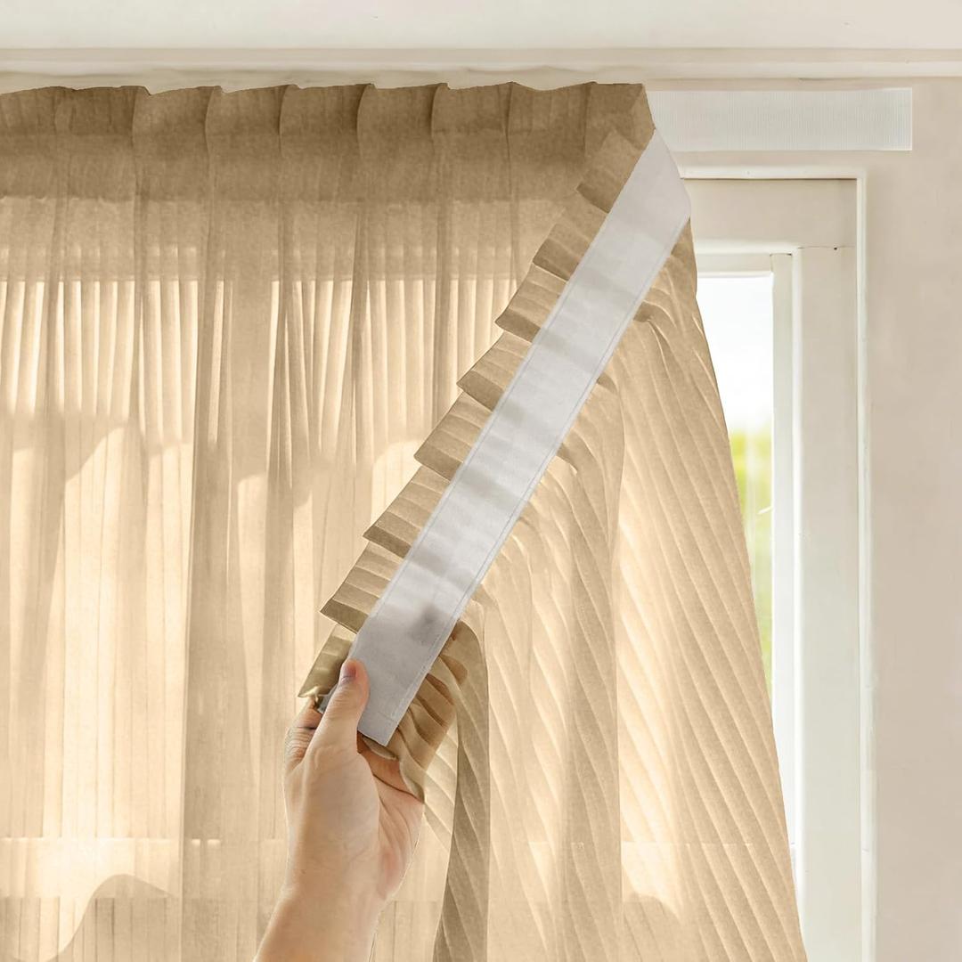 Semi Sheer Curtains Adhesive and Removable, Sheer Window Curtains for Privacy Protection in Rental Apartments and Dorms-Brown(W 39*L 72in-1-Panel)
