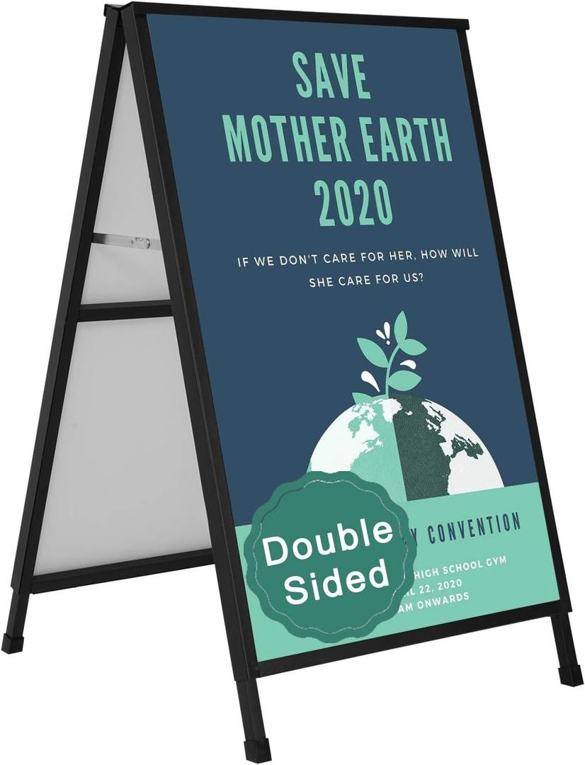 Heavy Duty A-Frame Sidewalk Sign 24 x 36 Inch, Portable Double-Sided Sandwich Board Slide-in Folding Metal Signboard with 2 Plastic Poster Boards, 24 x 36 Inch/1Pack