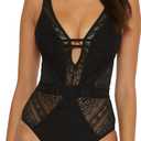 BECCA Women's Standard Color Play One Piece Swimsuit, Plunge Neck, Crochet, Bathing Suits, Black (D), Medium