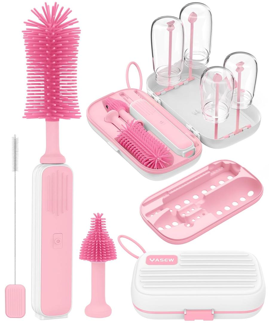 Electric Baby Bottle Brush Cleaner, Baby Travel Bottle Cleaner Kit- 2000mAh Rechargeable Silicone Brush, Drying Rack, Compact Storage Box, 360 Efficient Cleaning Bottle Brush for Home & On-The-Go (Pink)