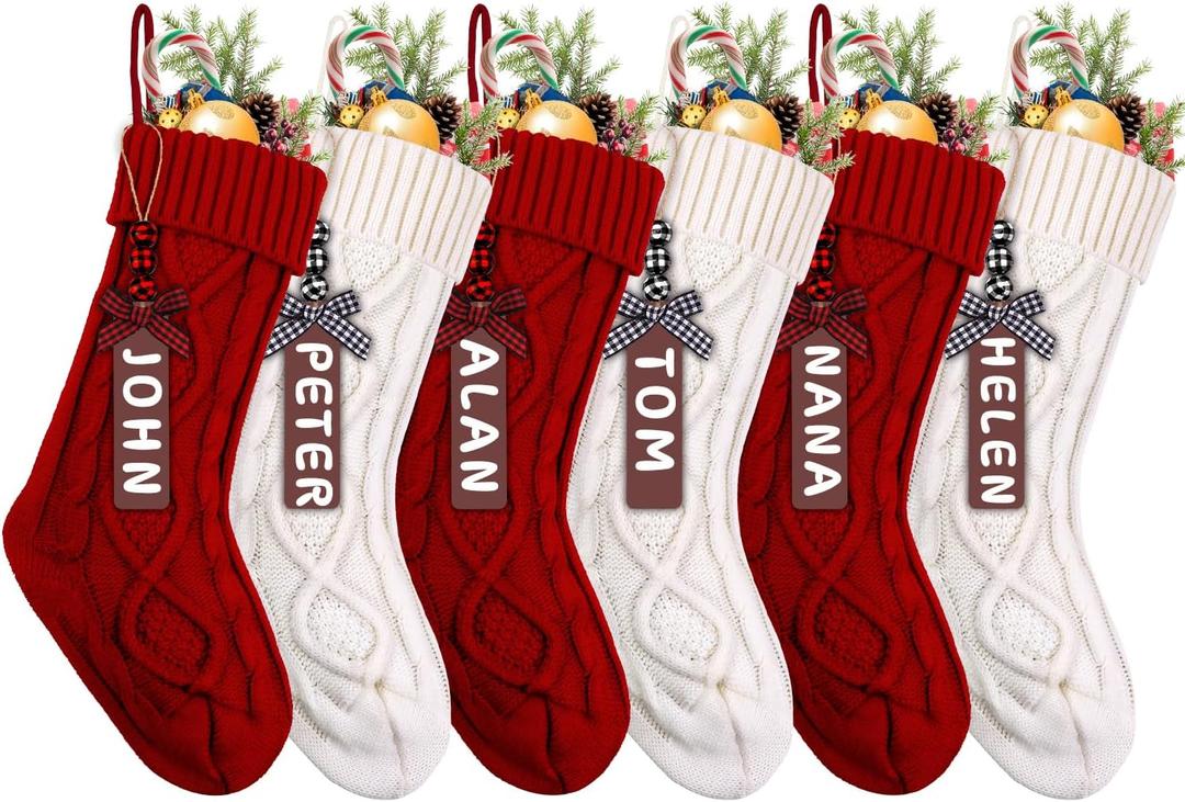 XIMISHOP 6pack Christmas Stockings, 18inch Large Personalized Cable Knitted Xmas Hanging Stocking Decorations with Name Tags for Holiday Christmas Party Family Decor (Red and White)