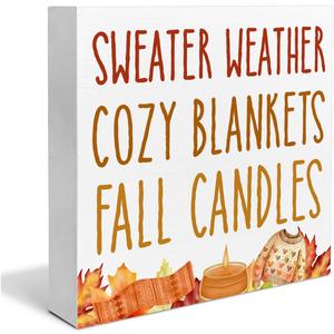 2 x Fall Home Decor, Autumn Wooden Sign Decor Desk Sign Sweater Weather Wooden Block Sign Rustic Home Shelf Wall Decoration