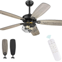 Melkelen Farmhouse Ceiling Fans, 52 Inch Ceiling Fans with Lights and Remote Control, Rustic Barnwood Blades, Industrial Cage Light, Matte Black (MK03-BK)